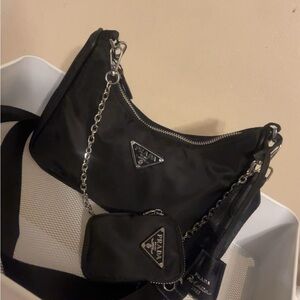 Prada Black Nylon Shoulder Saddle Bag with Silver Chain
